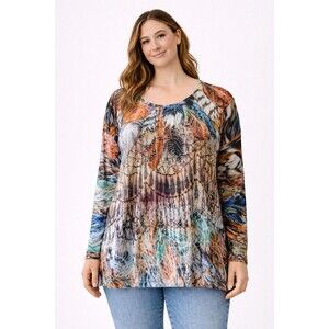 Cactus Women’s L Feather Print Tunic Top Long Sleeve Rhinestone Boho Blouse